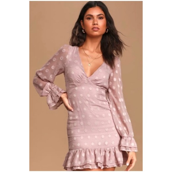 LULUS Dusty Mauve Polka Dot Ruffled Sleeve Mini Dress - Picture 1 of 4